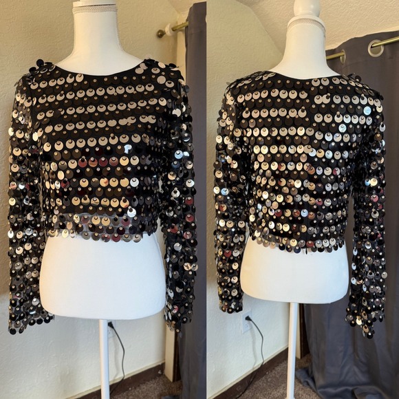 12th Tribe Tops - 12th Tribe Mindy‎ Disc Sequin Paillette Crop Top Black Size S Festival Party